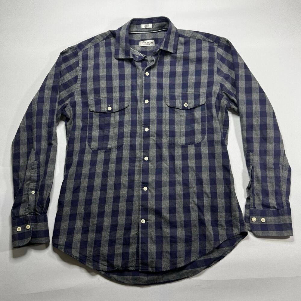 Peter Millar Mountainside‎ Men's Long Sleeve Blue Gray Check Flannel Shirt - M